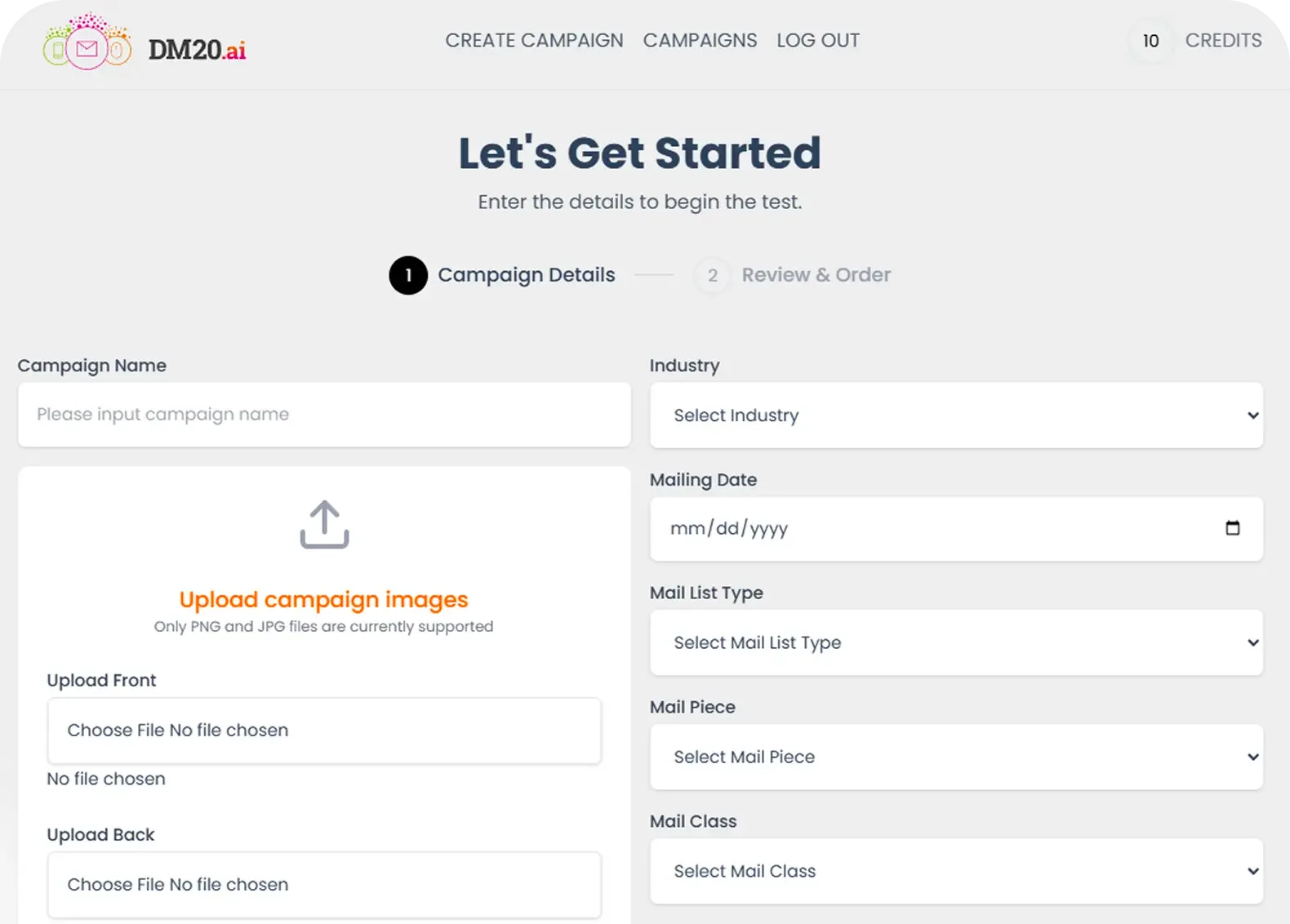 Campaign upload flow — multi-step with realtime progress gateway